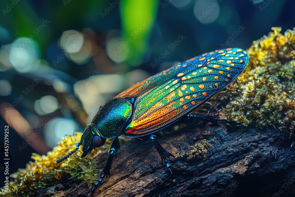 Poster a vibrant, iridescent beetle with intricate patterns rests on a mossy log in a lush, green forest.