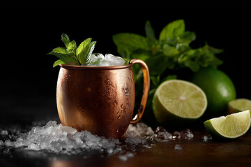 moscow mule cocktail at an upscale bar, product photography, medium shot, reflective textures, and large soft diffused lighting