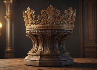 Fototapeta premium Gilded crown, ornate details, rests on aged wooden pedestal , texture, fantasy