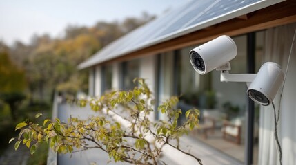 An exterior view of a house with solar panels on the roof and smart surveillance cameras monitoring the surrounding area.