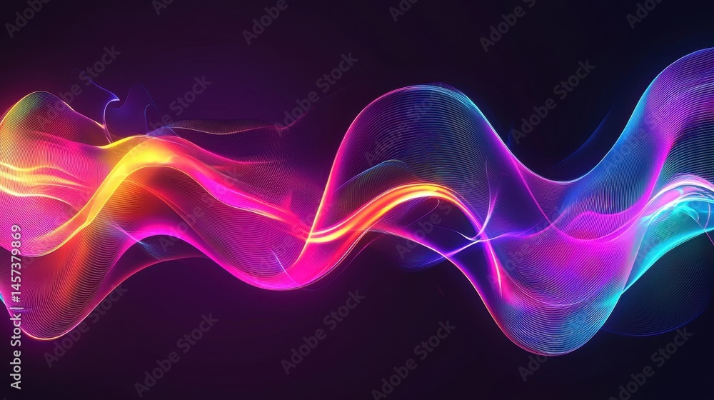 Poster vibrant waves of colorful light intertwine against a dark background, creating an engaging visual di