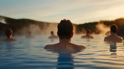 Fototapeta premium Relaxing geothermal spa with misty waters. Enjoying wellness and tranquility in a natural, therapeutic hot spring with friends at a unique destination.