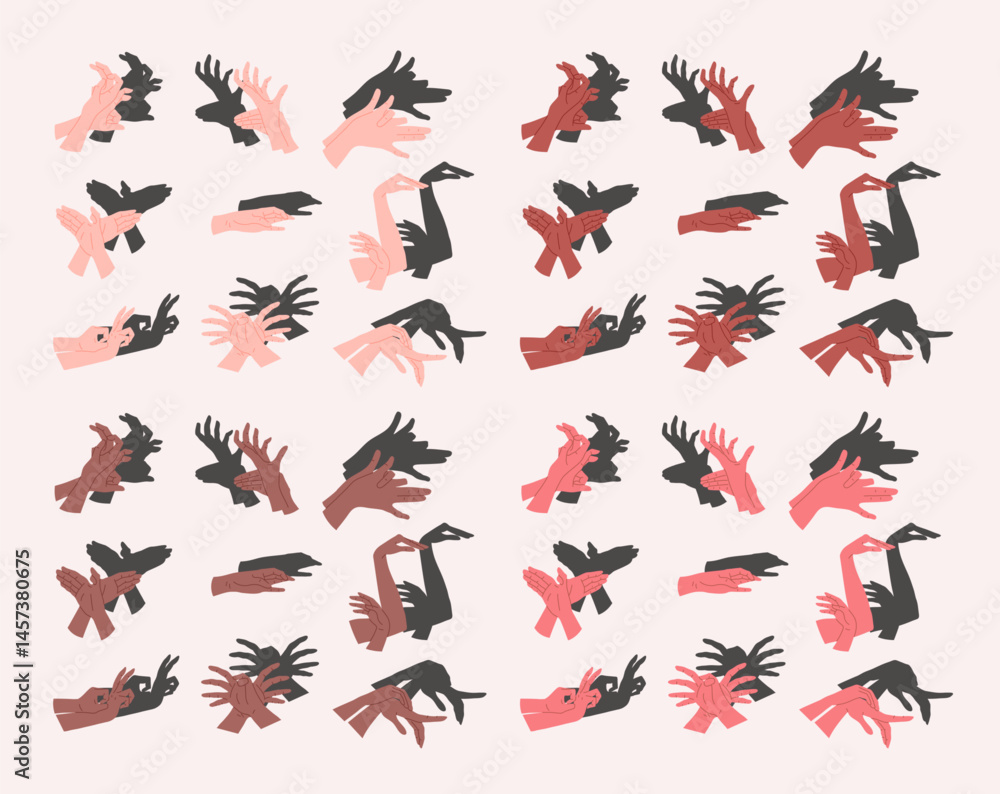 Poster cartoon color different skin tones hand shadow puppets set concept flat design style. vector illustr
