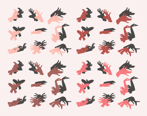 Cartoon Color Different Skin Tones Hand Shadow Puppets Set Concept Flat Design Style. Vector illustration of Hands Creating Various Shapes
