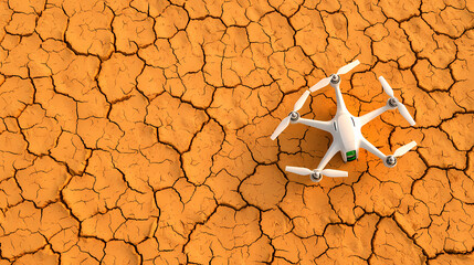 A white drone hovers over cracked, dry earth, highlighting drought and technological monitoring of environmental changes.