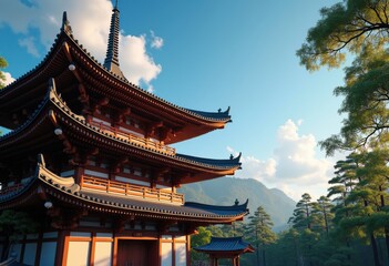traditional pagoda roof architectural design vibrant blue sky, architecture, structure, artistry, stone, tiles, canopy, frame, elevation, iconic