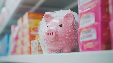 Piggy bank wrapped in fake spiderwebs, a humorous take on savings and spooky savings deals during the Halloween season. Financial caution and playful marketing.