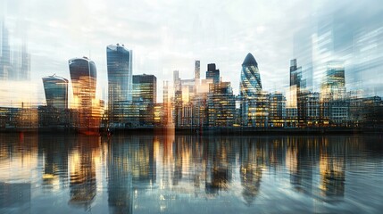 Obraz premium Abstract urban patterns reflected in the glass surfaces of contemporary office buildings, highlighting the sophistication of London's financial district. 
