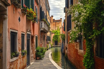 Narrow Venetian alleyway lined with colorful buildings, flowers, and a canal
