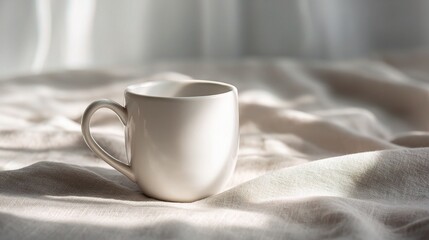 Clean White Mug on Soft Linen Tablecloth with Natural Light
