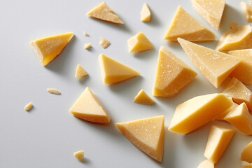 Parmesan shards scattered on clean white background highlight minimalist culinary design. Concept of fine dining, gourmet food, culinary art for restaurants, food blogs, and culinary schools