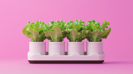 Four leafy green plants growing in white pots on a pink background, showcasing modern indoor gardening.
