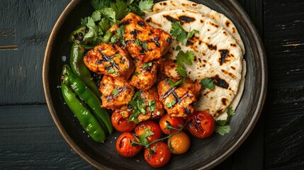 A plate of grilled meat served with flatbread, cherry tomatoes, and green peppers, garnished with fresh herbs and spices, showcasing a traditional and flavorful dish