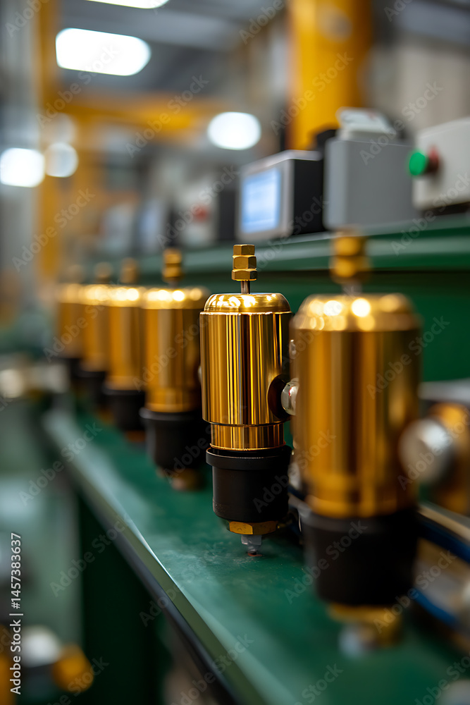 Poster aligned gold cylinders on a green surface create an industrial pattern. abstract view with a shallow