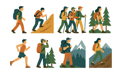 Naklejka premium Outdoor adventure activities icons set – hiking, trekking, camping, mountains, backpacking. Vector icons set