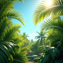 Fototapeta premium sunlit palm fronds azure sky tropical vibes nature bright sunshine beautiful botanical landscape, sunlight, greenery, leaf, foreground, cloud, branch