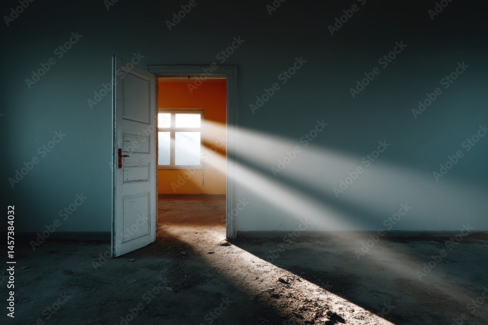 Poster light streams through an open door illuminating an empty room at dawn in a deserted space