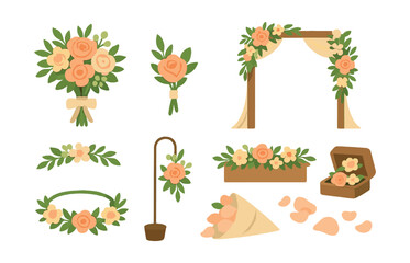 Wedding floral icons set – bouquet, garland, arch, boutonniere, centerpiece. Vector icons set