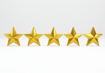 Five golden stars arranged in a row isolated on white background