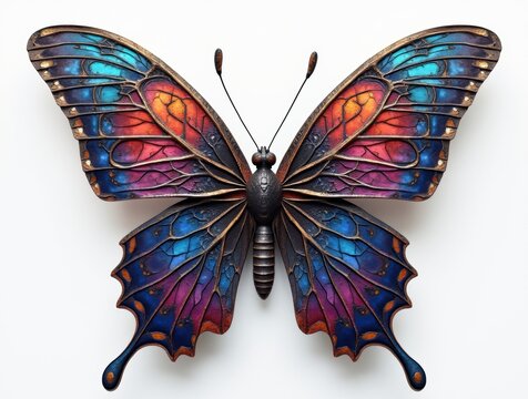 Detailed view of a fractal-generated butterfly wing showing intricate mathematical patterns in jewel tones on white, with copy space above.
