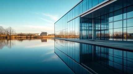 Contemporary glass building and its reflection in calm water, creating a striking symmetrical visual with copy space in the clean composition.  