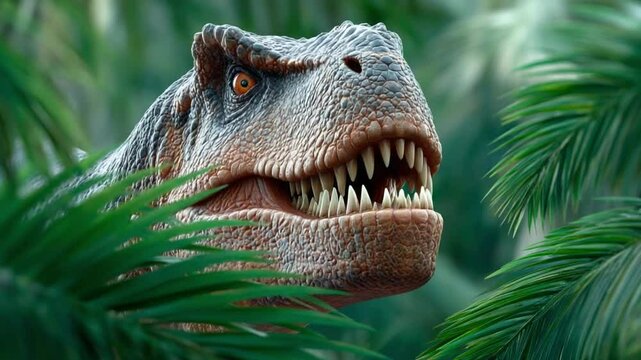 Tyrannosaurus Rex Emerging: A fierce Tyrannosaurus Rex emerges from a dense, leafy jungle, its intense gaze and formidable teeth conveying the power of the prehistoric era.