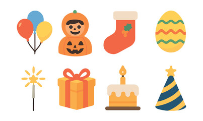 Holiday celebration icons set – balloons, pumpkin, stocking, egg, sparkler, gift, cake, hat. Vector icons set