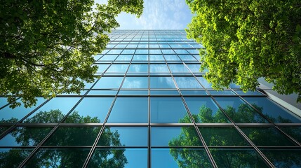 Contemporary glass office building in an eco-city, featuring integrated greenery and tree installations for enhanced sustainability and carbon reduction.  