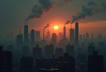 Fototapeta premium polluted urban skyline dramatic sunset gloomy atmosphere industrialization cityscape pollution, clouds, buildings, dusk, landscape, architecture, environment