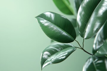 Obraz premium Close-up view of glossy green leaves against a muted backdrop.