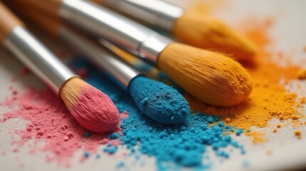 
Makeup brushes with bold pigments rest on textured linen, captured in a macro view that emphasizes beauty and artistic application.
