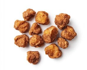 Crispy, golden-brown bite-sized snacks, clustered,  on white background.  Showcasing a light,  caramelized exterior