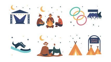 Festival night vibes icons set – tent, campfire, moon, people, rings, shoes. Vector icons set