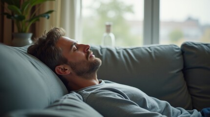 A dad naps on the sofa in a sunlit living room, peaceful expression, comfortable home setting with space for text or design.
