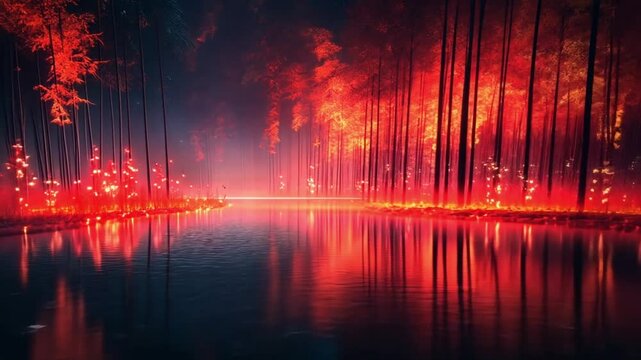 Enchanted Red Forest at Night: A Surreal Digital Painting