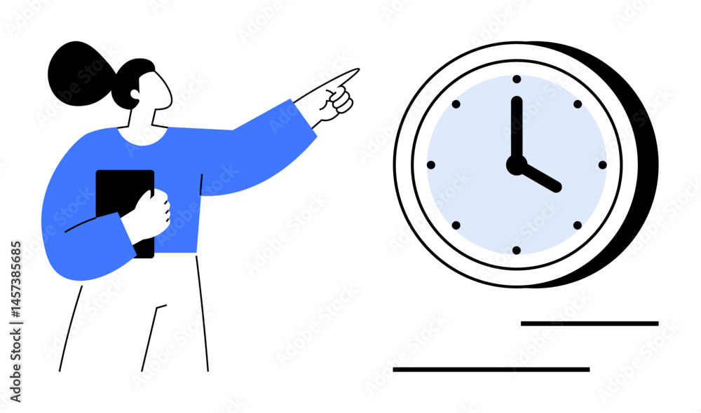 Aufkleber woman holding a folder while pointing at a clock to highlight time management. ideal for productivit