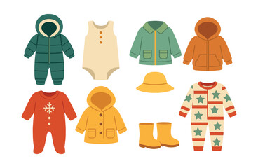 Seasonal baby outfits icons set – onesie, snowsuit, hoodie, jacket, hat, boots. Vector icons set