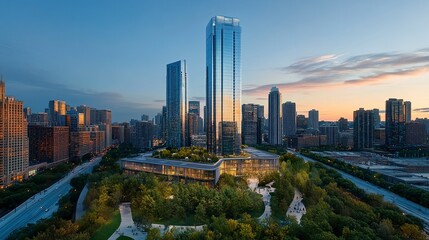 Fototapeta premium Contemporary office tower with green trees in the foreground, symbolizing growth, prosperity, and a commitment to sustainable business practices. 