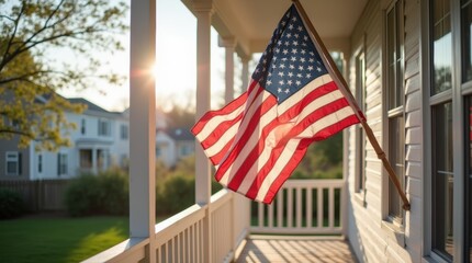A national flag waves on a porch with wooden railing, sunlit house, blue sky, and large copy space for text or design.
