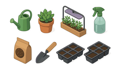 Indoor gardening essentials icons set &ndash; watering can, plant, seed tray, trowel, spray bottle. Vector icons set