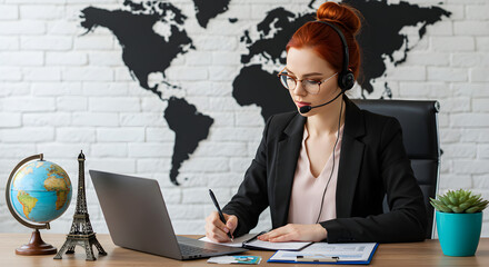 Woman with Headset Wearing Black Suit Taking Notes at Desk in Bright Room with World Map