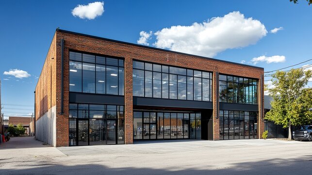 Contemporary warehouse building with a small office unit seamlessly integrated, featuring a clean, industrial facade and large glass windows.  