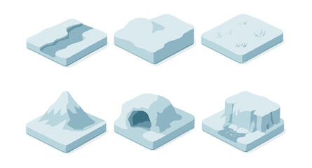 Obraz premium Isometric frozen icons set – river, snowcap, tundra, mountain, cave, waterfall. Vector icons set
