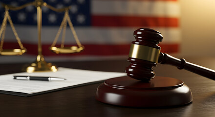 Wooden Gavel Golden Balance Scale and Ballpoint Pen on Dark Wooden Desk with Blurry United States Flag