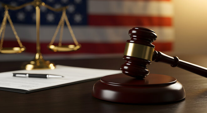 Wooden Gavel Golden Balance Scale and Ballpoint Pen on Dark Wooden Desk with Blurry United States Flag