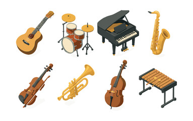 Isometric musical instruments icon set – piano, guitar, drums, violin, saxophone. Vector icons set