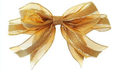 A pale gold ribbon bow with gold glitter stripes.  Delicate, sheer ribbon creates a festive bow