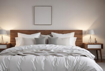 King bed with pristine white bedding, showcasing Scandinavian simplicity , comfort, white, aesthetic