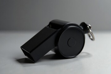 Classic black plastic whistle, simple design; studio shot , sharp, refereeing