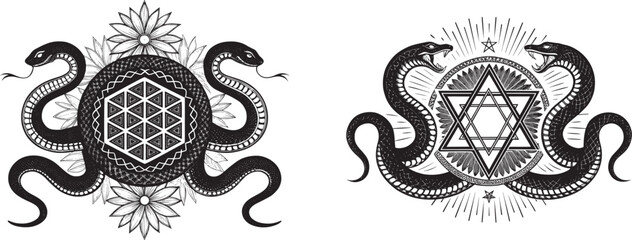 Modern Tattoo Flash Design with Sacred Geometry and Snakes &ndash; High-Contrast Vector Art on White

